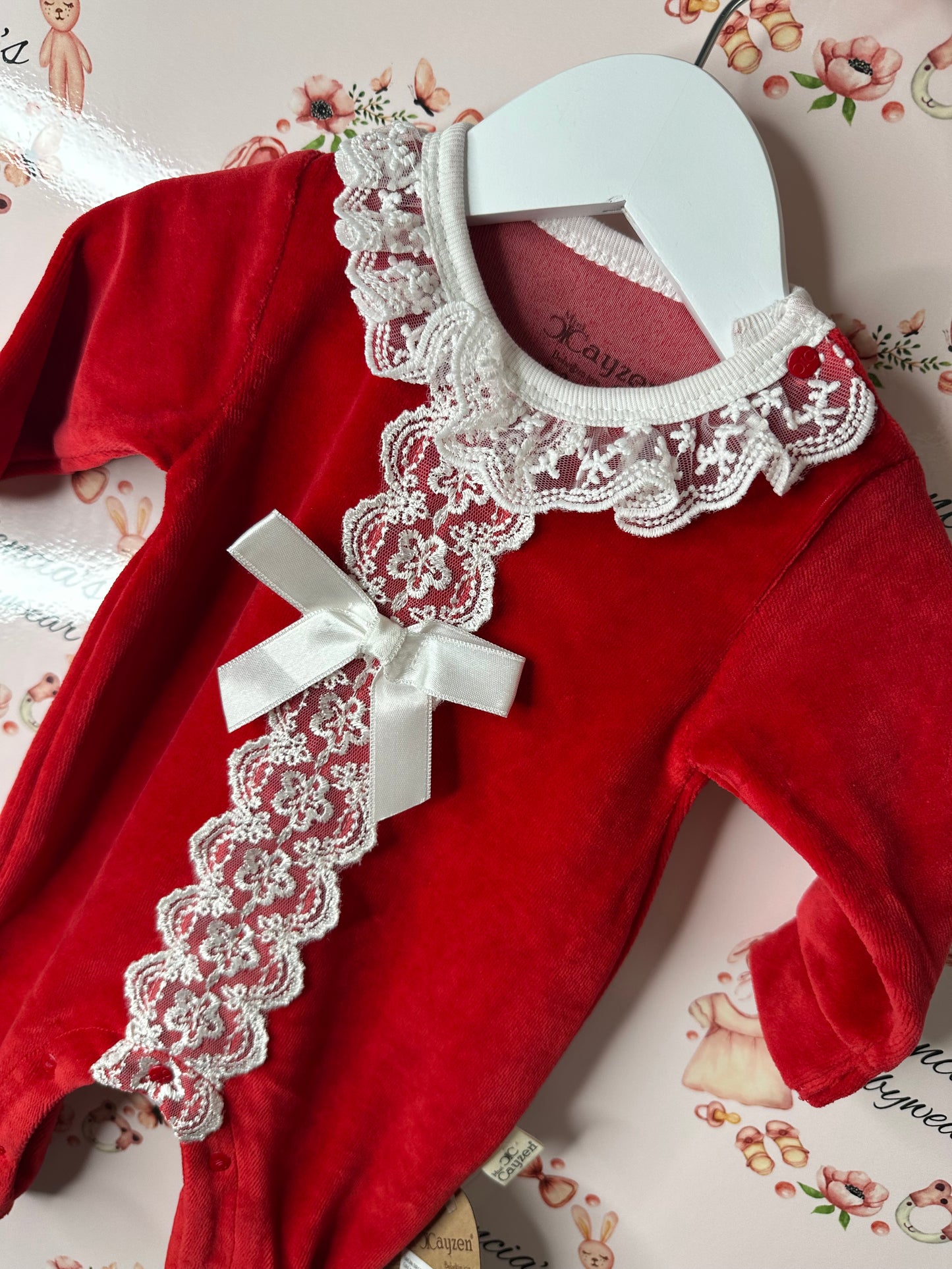 Red Velour Lace Babygrow