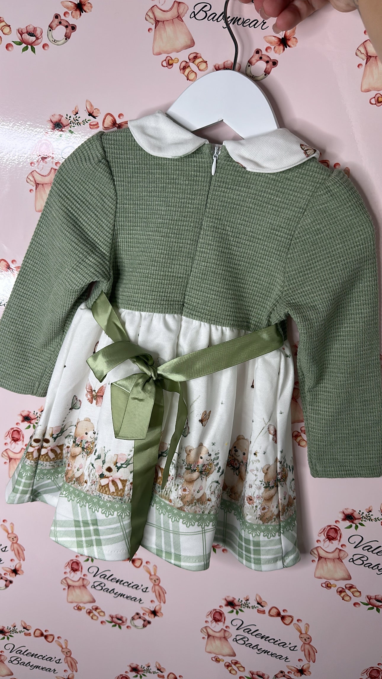 Stelle & Pupi Green Teddy Dress with ribbon tie back