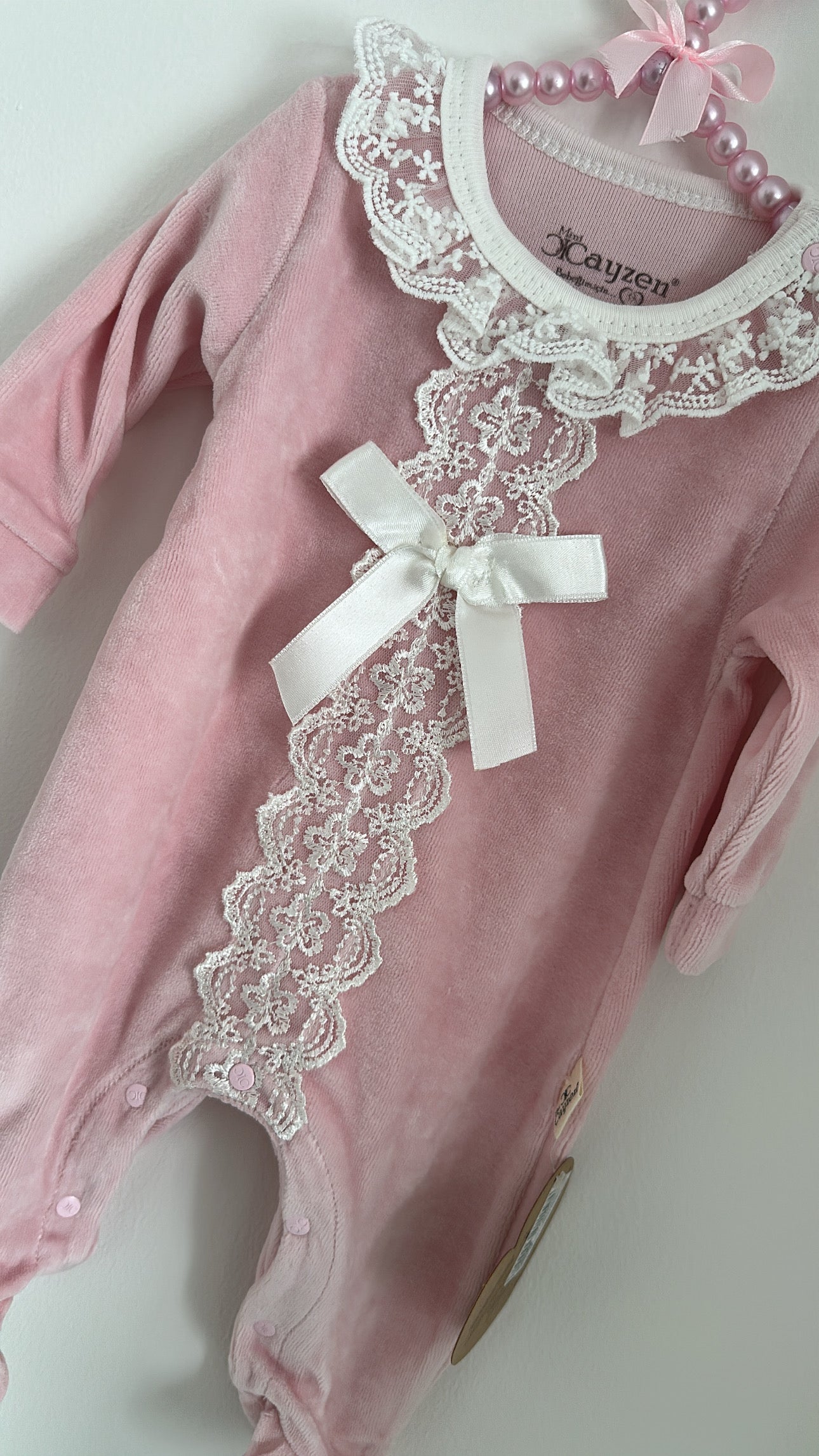 Pink Velour Lace Babygrow