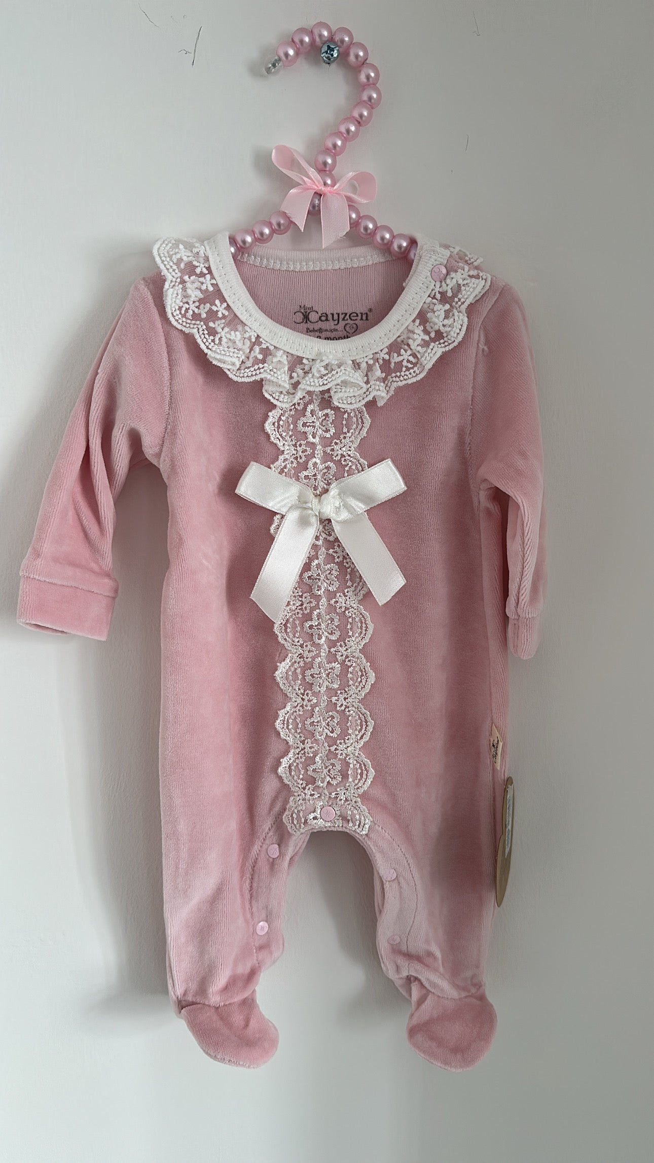 Pink Velour Lace Babygrow