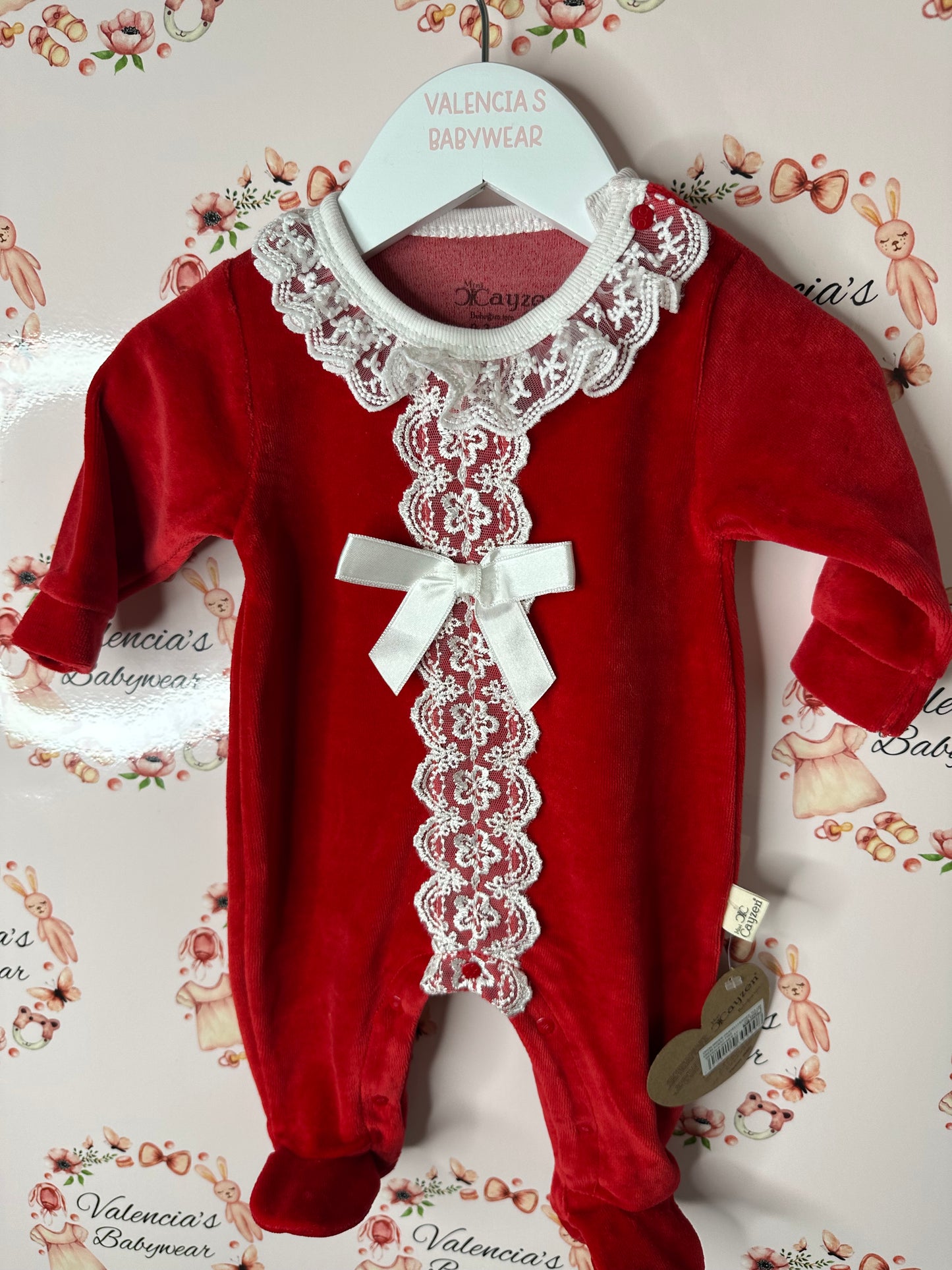 Red Velour Lace Babygrow