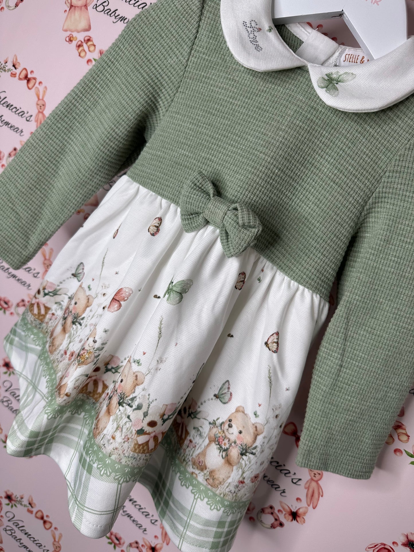 Stelle & Pupi Green Teddy Dress with ribbon tie back