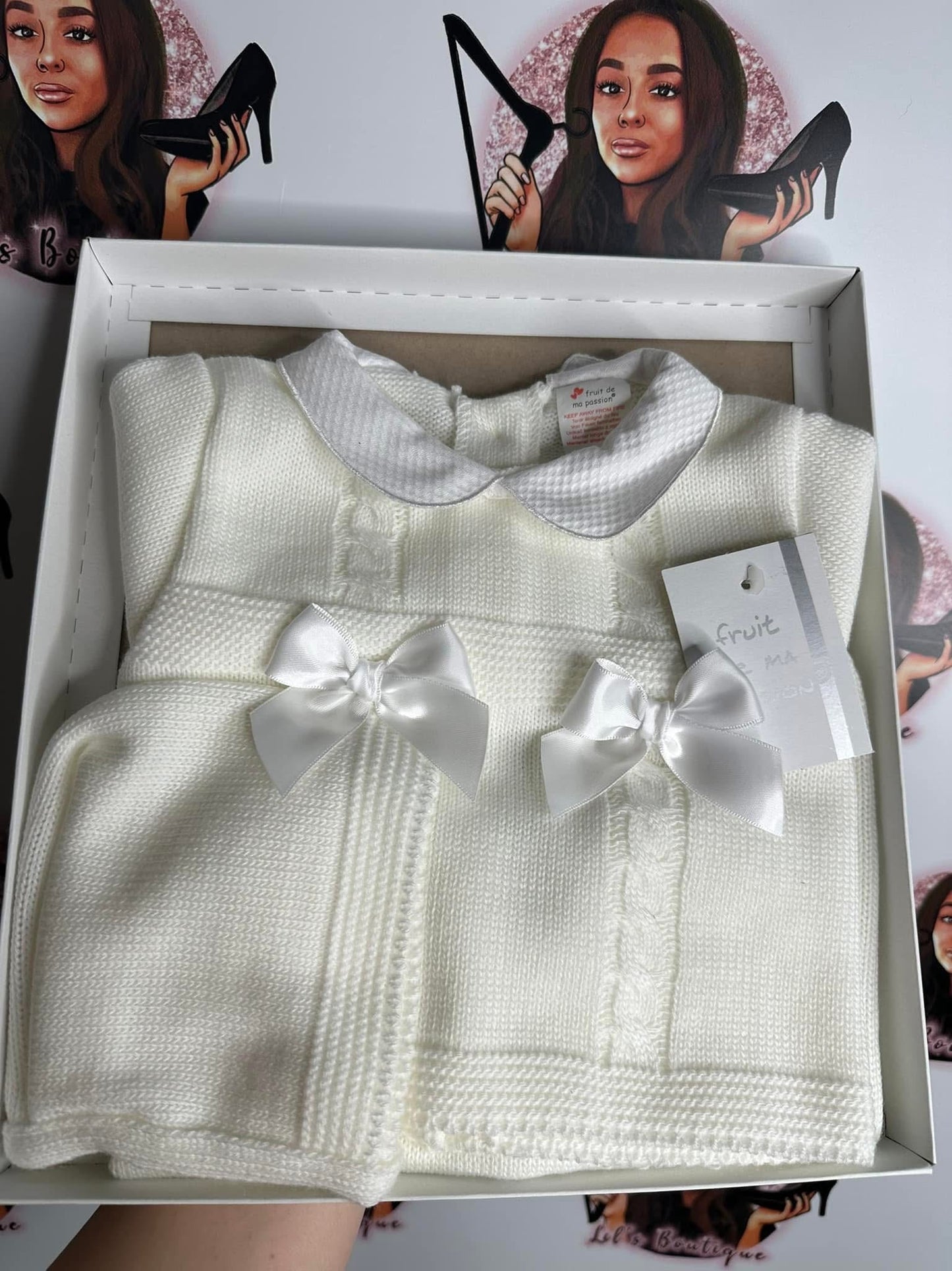 White Double Bow Ivory Cable Knit 3PC