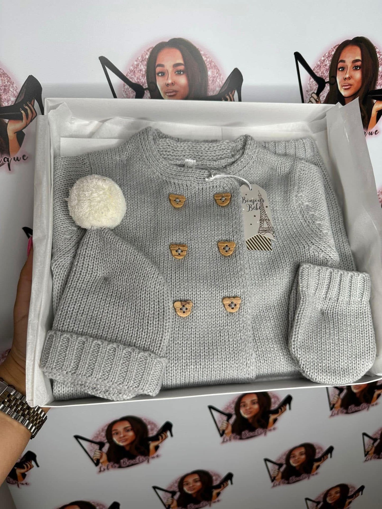 Boys Grey teddy bear button 3PC
