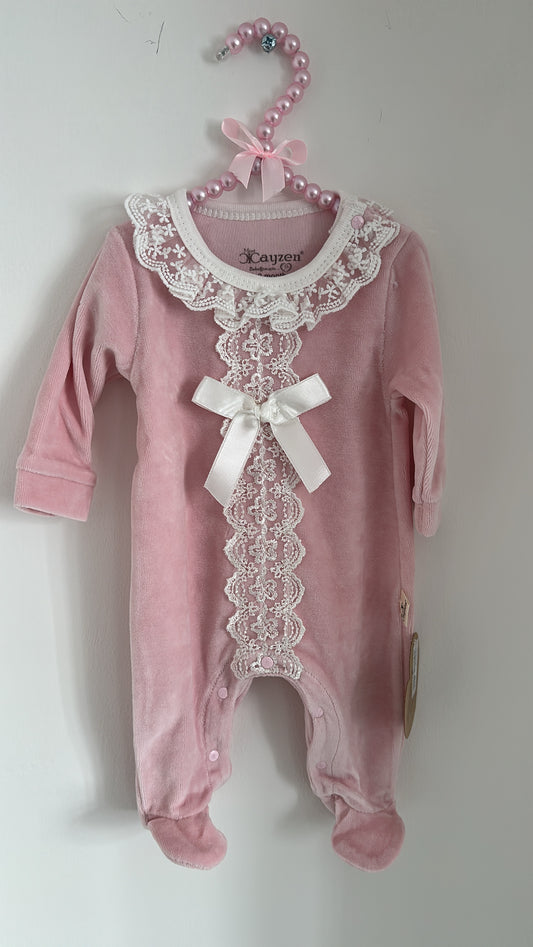 Pink Velour Lace Babygrow