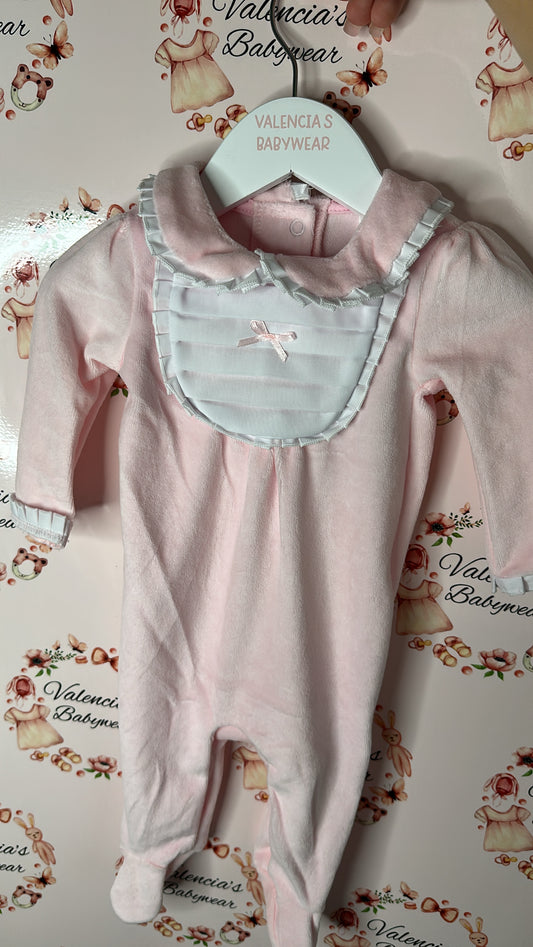 Bibbed Pink Velour Sleepsuit