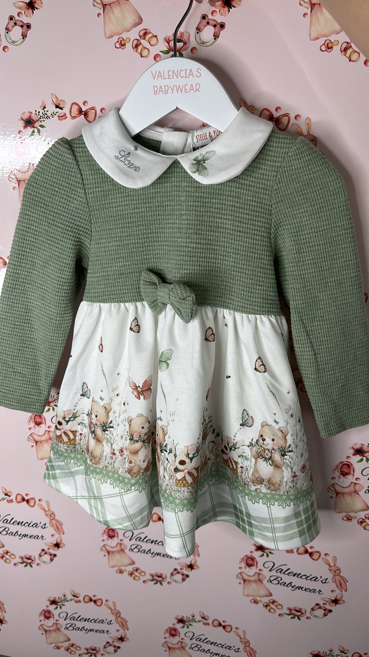 Stelle & Pupi Green Teddy Dress with ribbon tie back