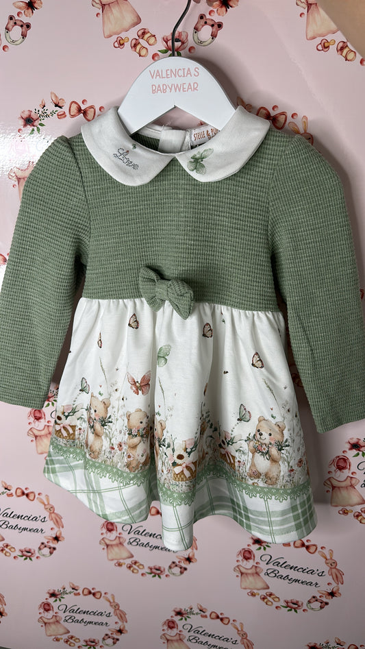 Stelle & Pupi Green Teddy Dress with ribbon tie back