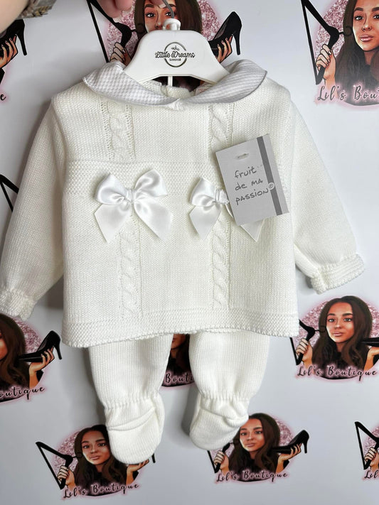 White Double Bow Ivory Cable Knit 3PC