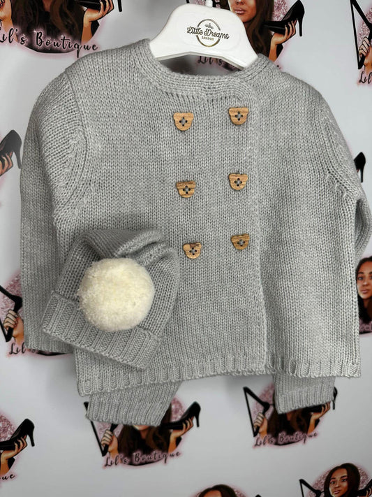 Boys Grey teddy bear button 3PC